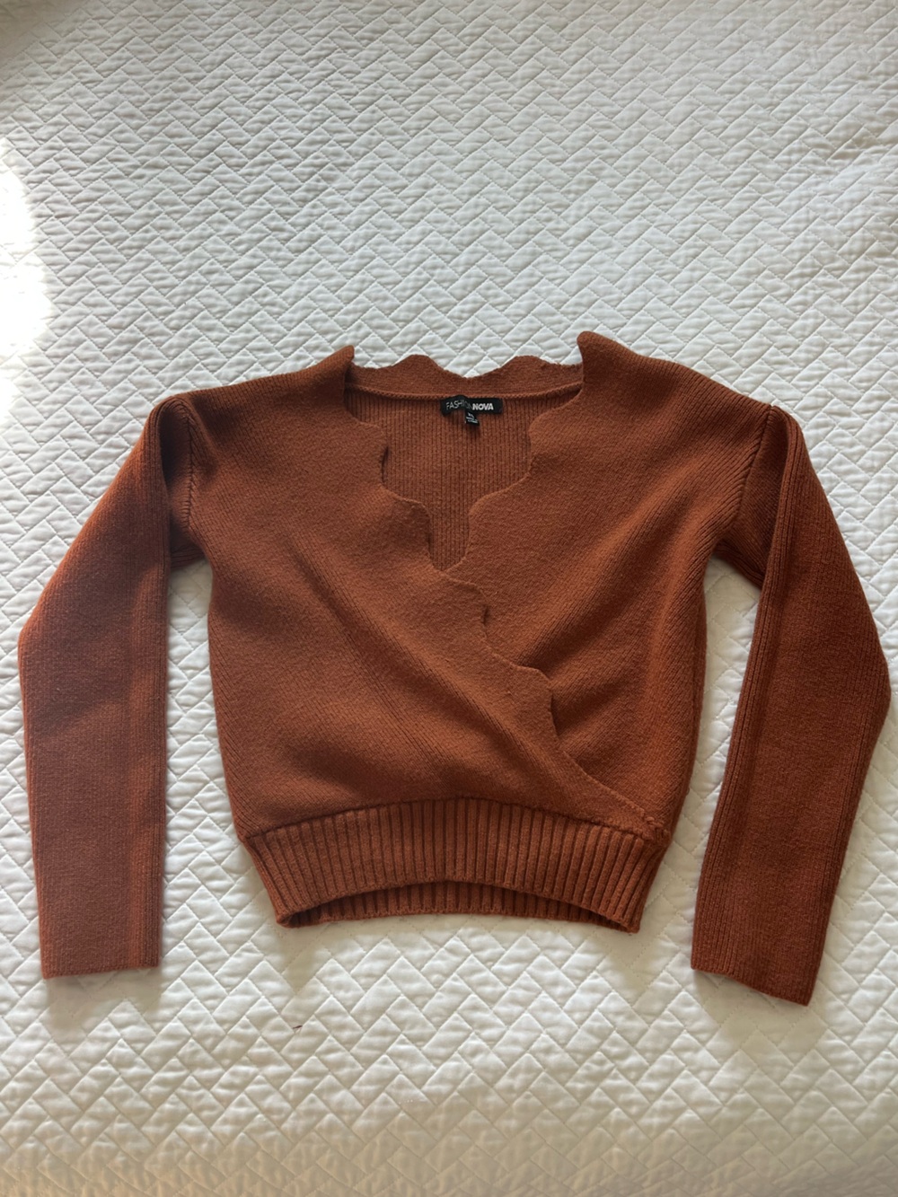 Fashion Nova Rust Off-the-Shoulder Scallop Neck Sweater